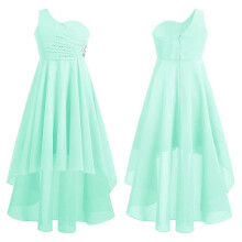 (6, Mint Green) Teens Wedding Flower Girls Dress Elegant Shiny Rhinestone Beaded One Shoulder Hi-Lo Chiffon Party Dresses Birthday Evening Gown
