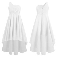 (12, Ivory) Teens Wedding Flower Girls Dress Elegant Shiny Rhinestone Beaded One Shoulder Hi-Lo Chiffon Party Dresses Birthday Evening Gown