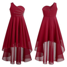 (14, Burgundy) Teens Wedding Flower Girls Dress Elegant Shiny Rhinestone Beaded One Shoulder Hi-Lo Chiffon Party Dresses Birthday Evening Gown