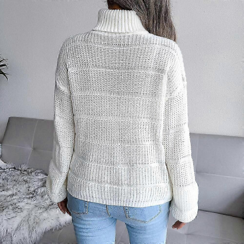 (L, WHITE) Womens Winter Solid Turtleneck Balloon Long Sleeve Sweaters Pullover Outerwear 2