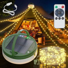 Retractable Camping String Lights 72FT 220 LED Solar & USB Rechargeable Fairy Lights with Remote 8 Modes for Outdoor Garden Balcony Hiking