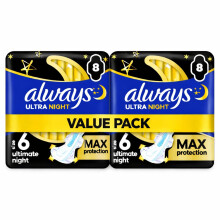 Always Sanitary Towels Ultimate Night with Wings - 16 Pads (Pack of 2 x 8) Overnight Protection for Heavy Flow with Secure Attachm