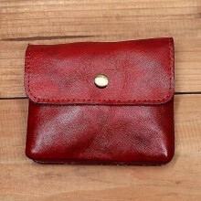 (Red) 100% Genuine Leather Wallet For Men Women Vintage Handmade Short Small Men's Purse Card Holder With Zipper Coin Pocket Money Bag