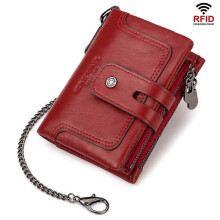 (Red) HUMERPAUL BP778 Short Leather Wallet RFID Tri-fold Double Zipper Coin Purse