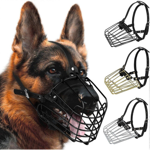 3Pcs German Shepherd Dog Muzzle Metal Basket for Medium Large Dogs, Adjustable Durable Leather Straps Secure Wire Mask for Biting Chewing Barking