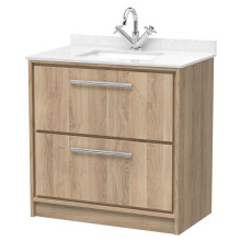 Longnor 2 Drawer Floor Standing Vanity Unit with Square Basin and Marble Worktop, Light Oak, 800mm