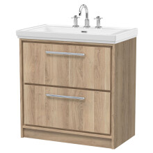 Longnor 2 Drawer Floor Standing Vanity Unit with 3 Tap Hole Traditional Fireclay Basin, Light Oak, 800mm