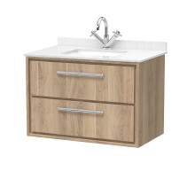 Longnor 2 Drawer Wall Hung Vanity Unit with Square Basin and Marble Worktop, Light Oak, 800mm
