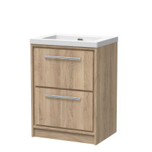 Longnor 2 Drawer Floor Standing Vanity Unit with 1 Tap Hole Modern Fireclay Basin, Light Oak, 600mm