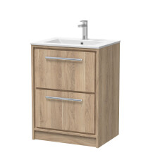 Longnor 2 Drawer Floor Standing Vanity Unit with 1 Tap Hole Minimalist Basin, Light Oak, 600mm