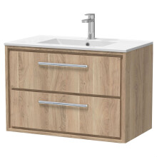 Longnor 2 Drawer Wall Hung Vanity Unit with 1 Tap Hole Minimalist Basin, Light Oak, 800mm