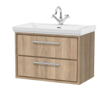 Longnor 2 Drawer Wall Hung Vanity Unit with 1 Tap Hole Traditional Fireclay Basin, Light Oak, 800mm