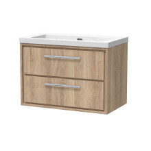 Longnor 2 Drawer Wall Hung Vanity Unit with 1 Tap Hole Modern Fireclay Basin, Light Oak, 800mm