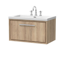 Longnor 1 Drawer Wall Hung Vanity Unit with 3 Tap Hole Modern Fireclay Basin, Light Oak, 800mm