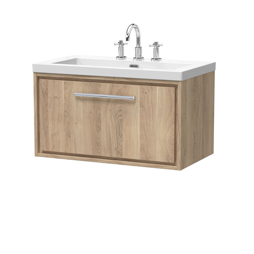 Balterley Longnor 1 Drawer Wall Hung Vanity Unit With 3 Tap Hole Modern Fireclay Basin, Light Oak, 800Mm Brown