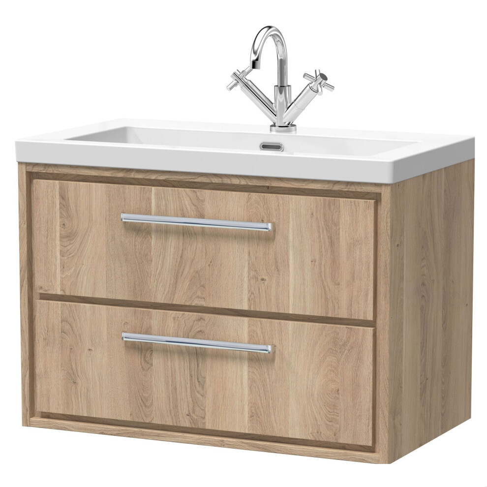 Photos - Washbasin cabinet Longnor 2 Drawer Wall Hung Vanity Unit with 1 Tap Hole Modern Fireclay Basin, Light Oak, 800mm Brown BFIF3026L