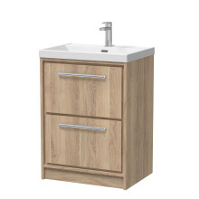 Longnor 2 Drawer Floor Standing Vanity Unit with 1 Tap Hole Thin Edge Basin, Light Oak, 600mm