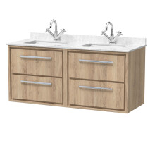 Longnor 4 Drawer Wall Hung Vanity Unit with Square Basin and Marble Worktop, Light Oak, 1200mm