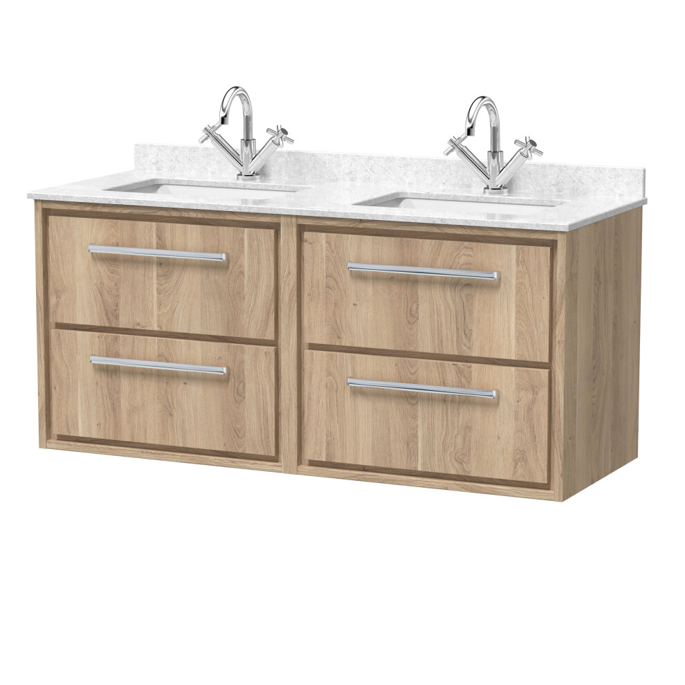 Balterley Longnor 4 Drawer Wall Hung Vanity Unit With Square Basin And Marble Worktop, Light Oak, 1200Mm Brown