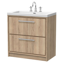 Longnor 2 Drawer Floor Standing Vanity Unit with 3 Tap Hole Modern Fireclay Basin, Light Oak, 800mm