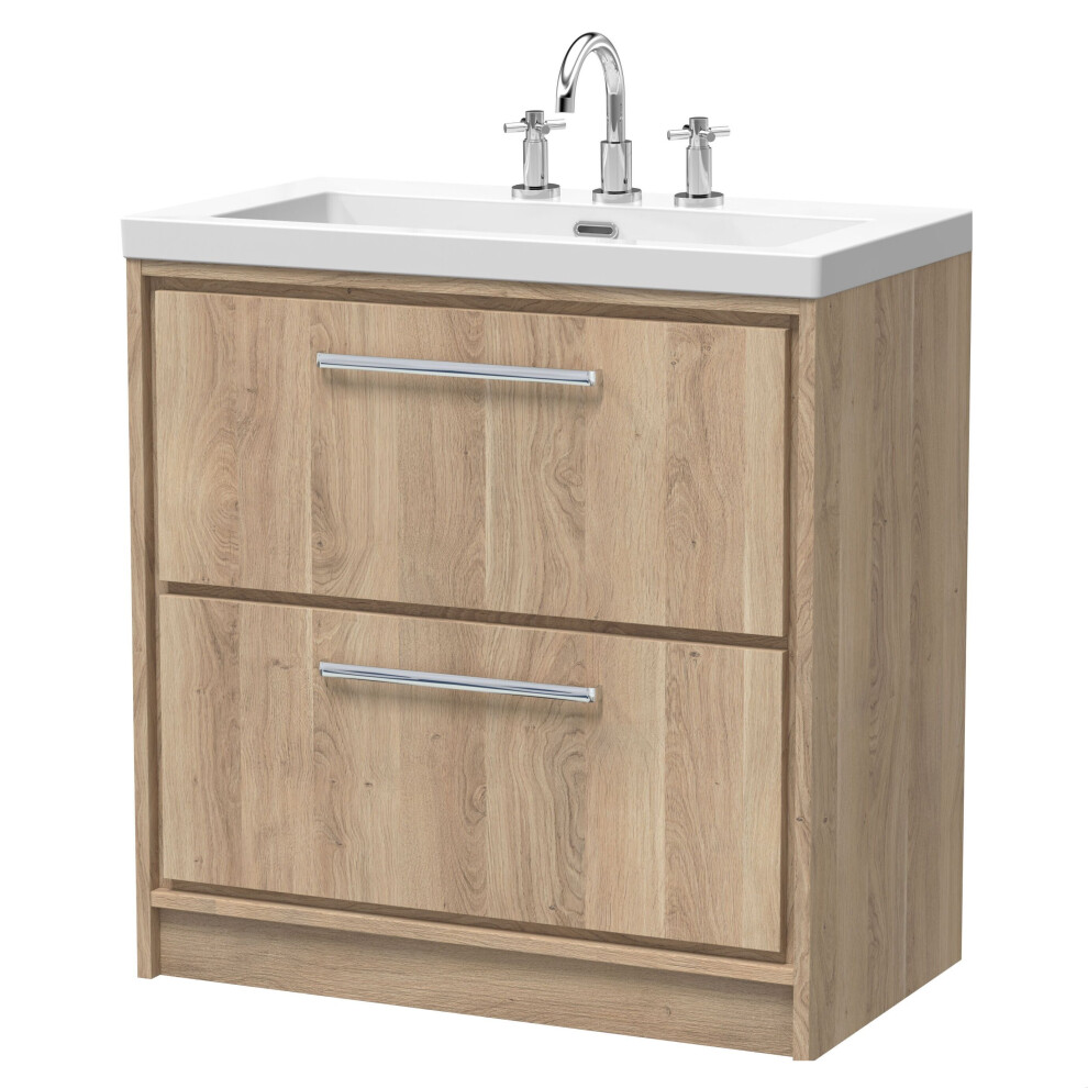 Photos - Washbasin cabinet Longnor 2 Drawer Floor Standing Vanity Unit with 3 Tap Hole Modern Fireclay Basin, Light Oak, 800mm Brown BFIF3035M