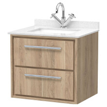 Longnor 2 Drawer Wall Hung Vanity Unit with Square Basin and Marble Worktop, Light Oak, 600mm