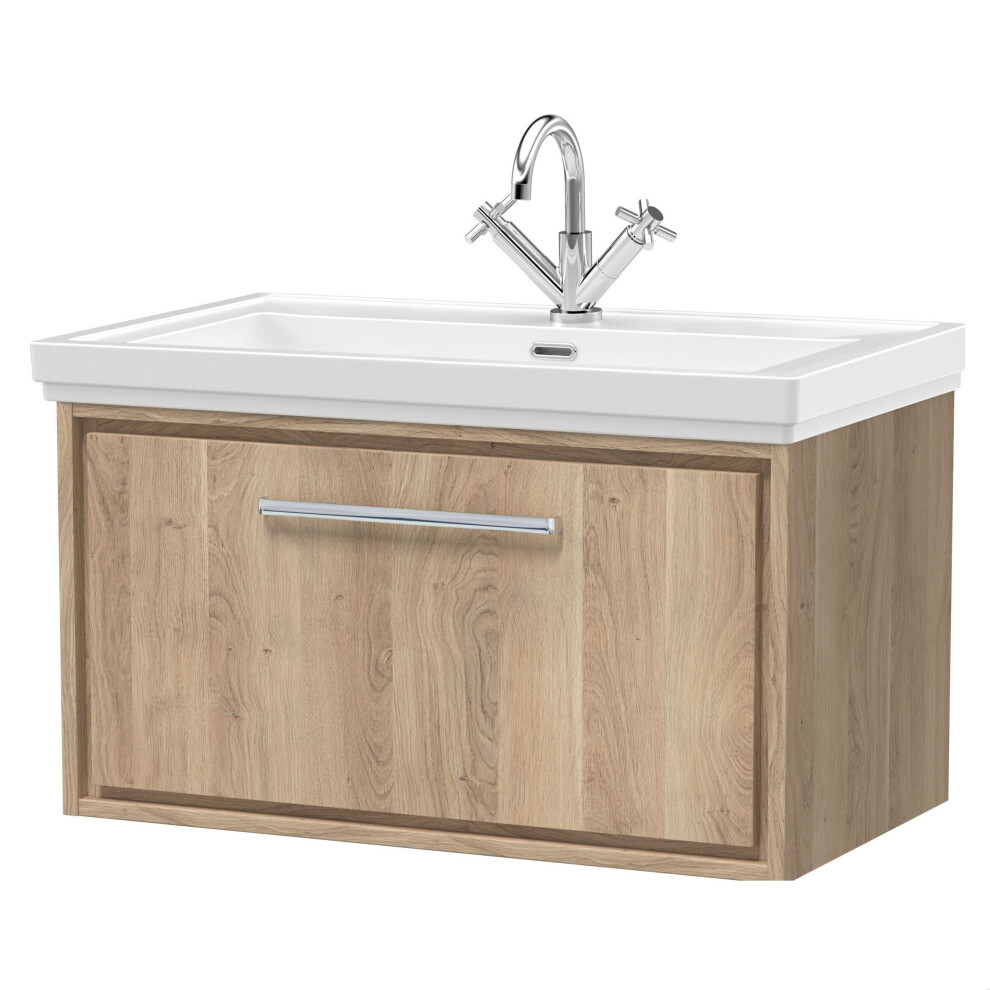 Balterley Longnor 1 Drawer Wall Hung Vanity Unit With 1 Tap Hole Traditional Fireclay Basin, Light Oak, 800Mm Brown