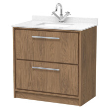 Longnor 2 Drawer Floor Standing Vanity Unit with Square Basin and Marble Worktop, Antique Oak, 800mm
