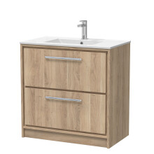 Longnor 2 Drawer Floor Standing Vanity Unit with 1 Tap Hole Minimalist Basin, Light Oak, 800mm