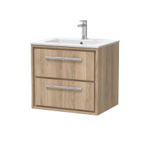 Longnor 2 Drawer Wall Hung Vanity Unit with 1 Tap Hole Minimalist Basin, Light Oak, 600mm