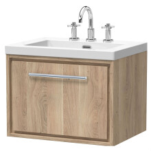 Longnor 1 Drawer Wall Hung Vanity Unit with 3 Tap Hole Modern Fireclay Basin, Light Oak, 600mm