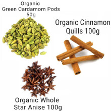 Organic Spice Combo of Green Cardamom Pods 50g / Whole Star Anise 100g / Cinnamon Quills 100g