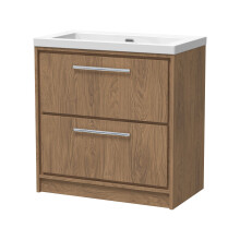 Longnor 2 Drawer Floor Standing Vanity Unit with 1 Tap Hole Modern Fireclay Basin, Antique Oak, 800mm