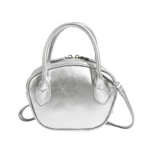 (Silver) PU Leather Shoulder Bag for Women Fashion Bowling Bag Messenger Bag Handbag Korean Styles Crossbody Bag Coin Purse White