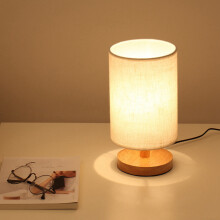 2X DC5V Runde Nachttisch Lampe Nachttisch Lampe mit Stoffschirm und Massiv Holz für Schlaf Zimmer