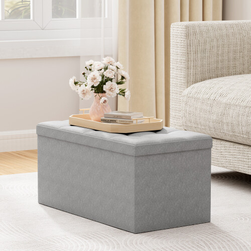 MCC Foldable Storage Ottoman Bench with Lid, Large Storage Chest, Space Saving Seating & Storage Solution, 76 × 38 × 38 cm LIGHT GREY 1