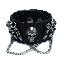 Black Men's Gothic PU Leather Bullet Skull Chain Wristband Bracelets for Men