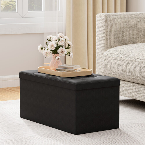 MCC Foldable Storage Ottoman Bench with Lid, Large Storage Chest, Space Saving Seating & Storage Solution, 76 × 38 × 38 cm, BLACK 1