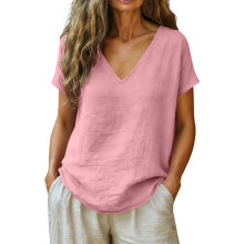Comfortable V Neck Short Sleeve Top For Women Solid-Pink S