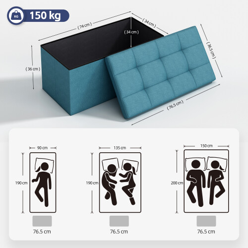 MCC Foldable Storage Ottoman Bench with Lid, Large Storage Chest, Space Saving Seating & Storage Solution, 76 × 38 × 38 cm, TEAL 2