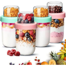 Potten voor Overnight Oats met Deksels 480+120 Ml, 4 Glazen Containers voor Overnight Oats, Yoghurtpotjes met Dubbele Laag voor Droge en Natte