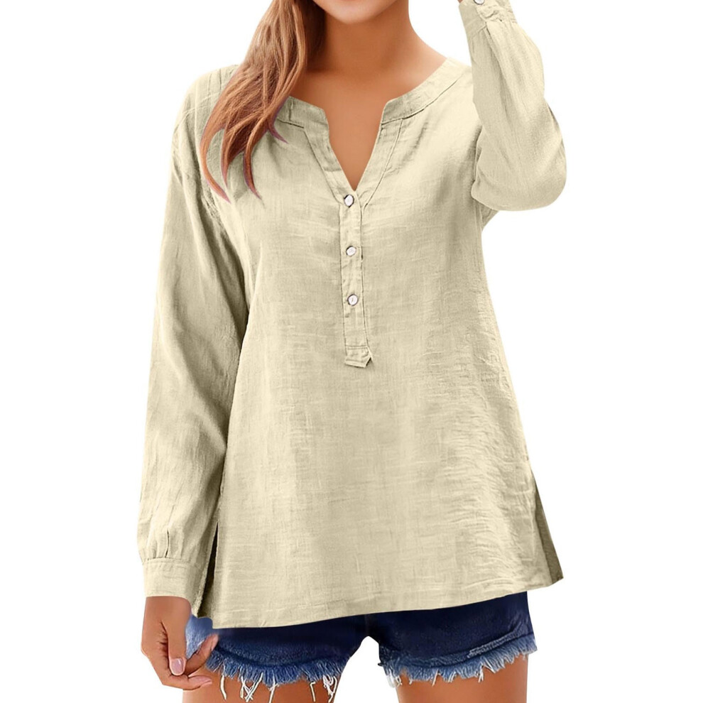 3/4 Length Sleeve Tops for Women V Neck Button Down-apricot XL