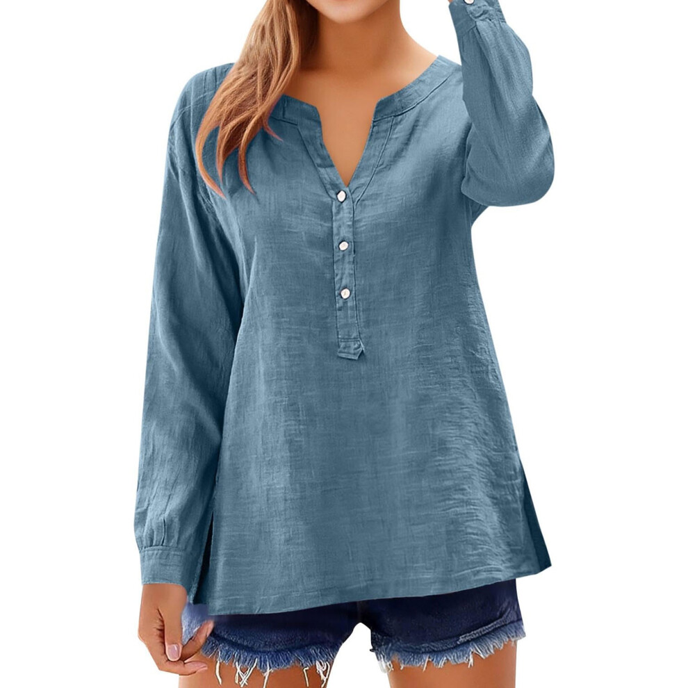 Blue 3/4 Length Sleeve Tops For Women V Neck Button Down- M
