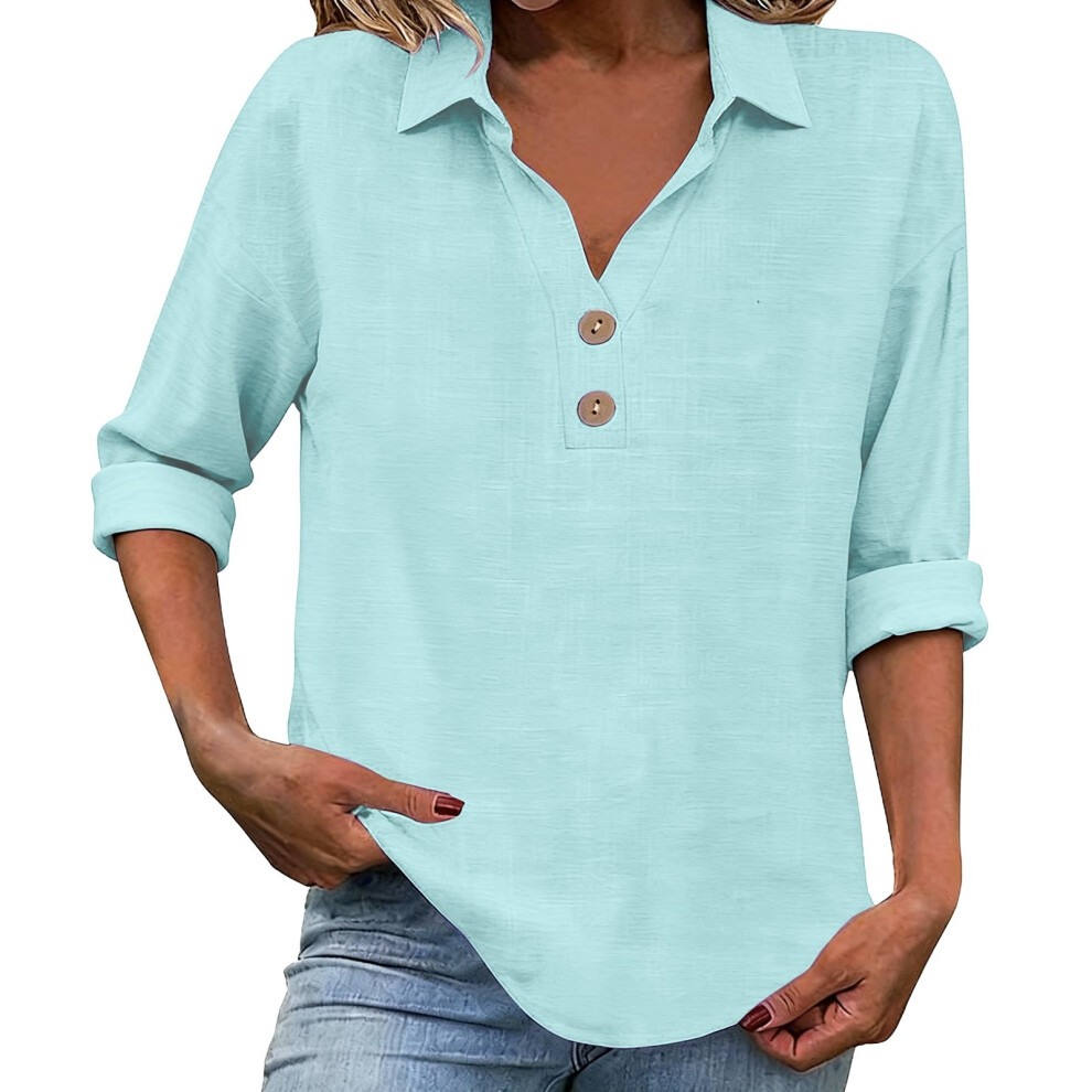 Light/Blue Women's Linen Top With Three-Quarter Sleeves,- Xxl
