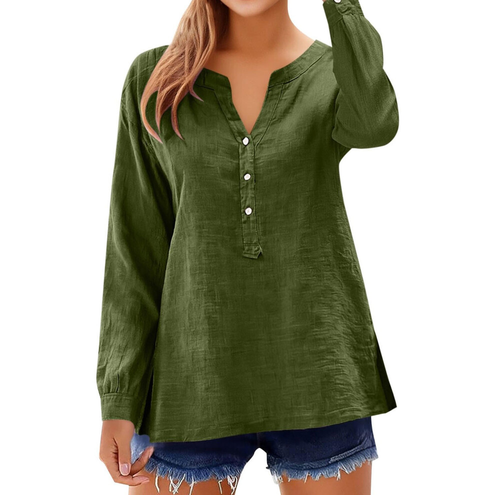 Green 3/4 Length Sleeve Tops For Women V Neck Button Down- L