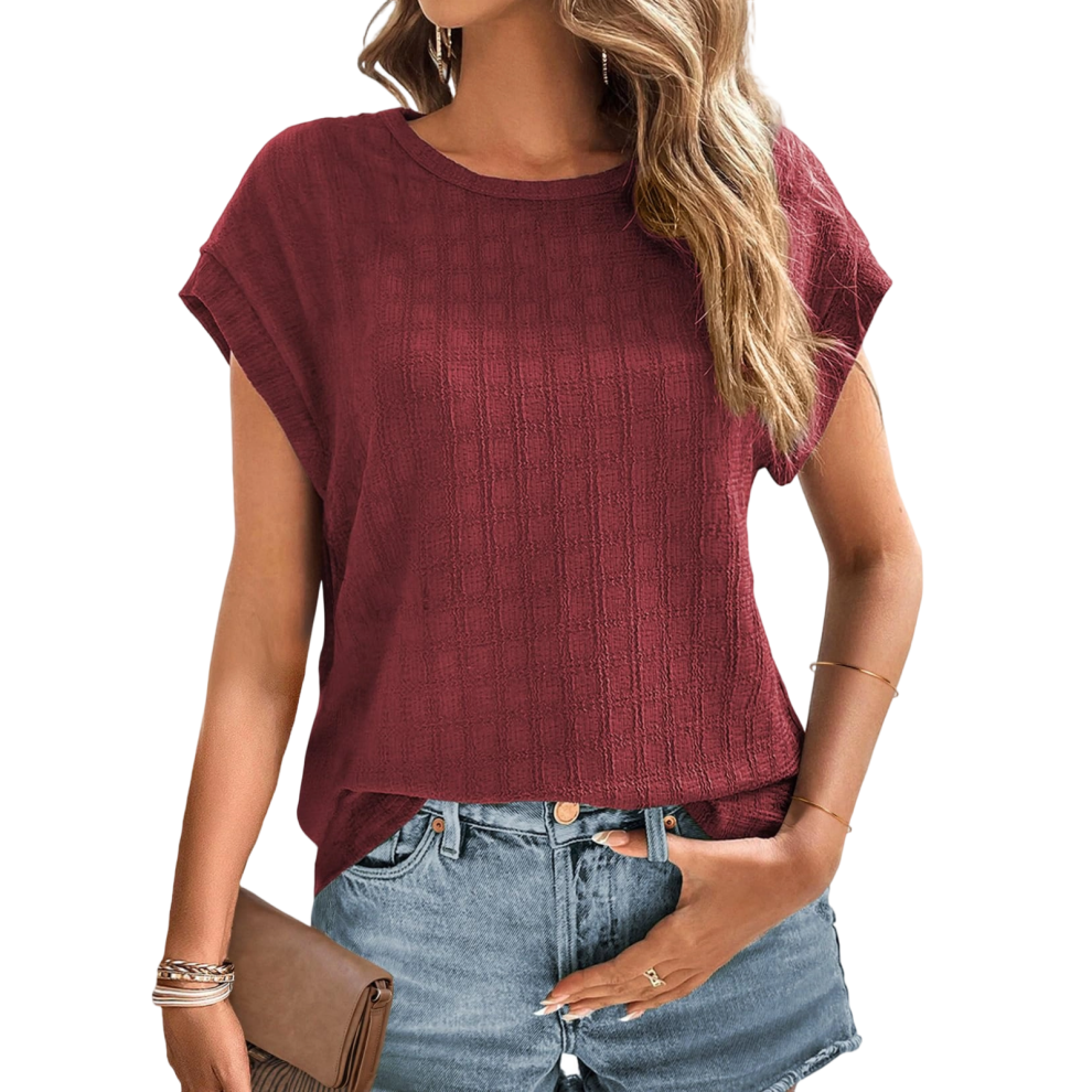 Womens Blouses Casual Cap Short Sleeve Tops Basic-Burgundy S
