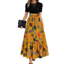Elegant long dress with ruffled puff sleeves, vintage-Yellow L