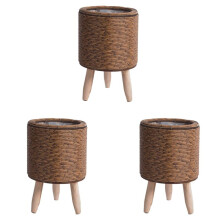 3X Vintage Imitation Rattan Woven Flower Shelf Planters Handmade Storage Basket with Wooden Legs Plant Pot Stand,F