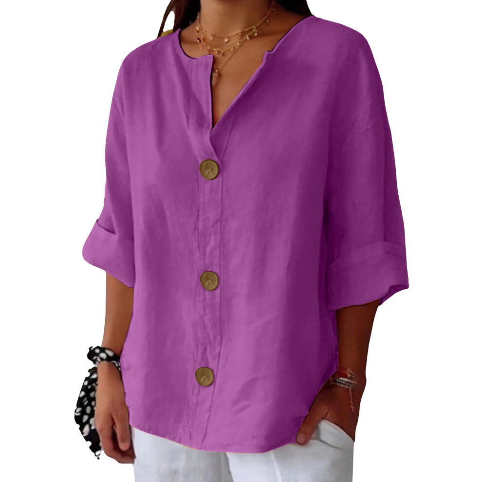 Fuchsia Linen Shirts For Women Summer Cotton Linen V Neck 3/4- S