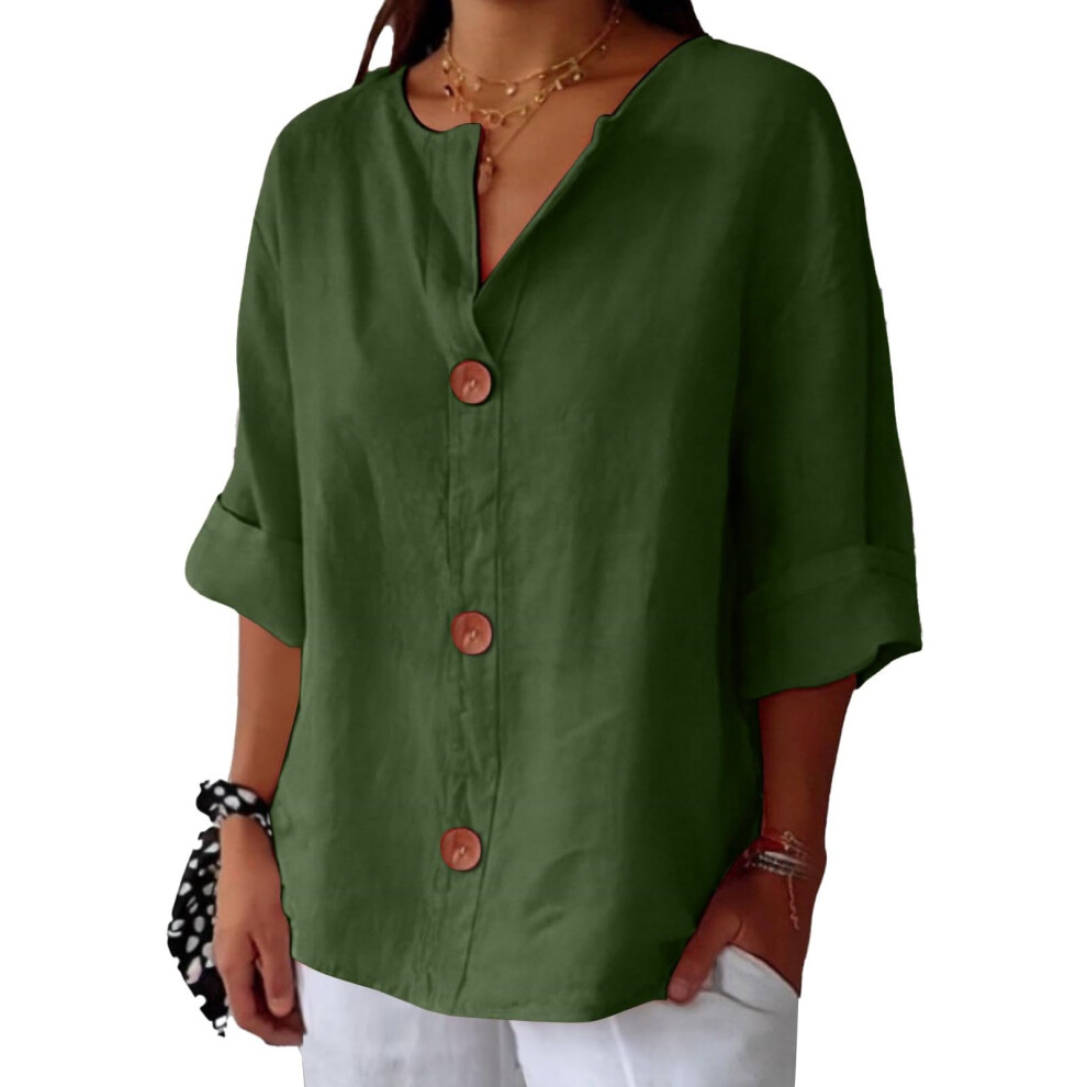 Green Linen Shirts For Women Summer Cotton Linen V Neck- Xxxl